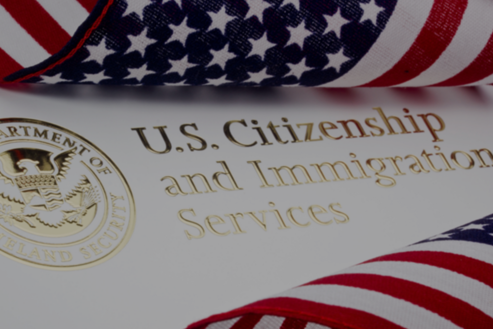 American flag with gold Homeland Security seal and U.S. Citizenship and Immigration Services text.