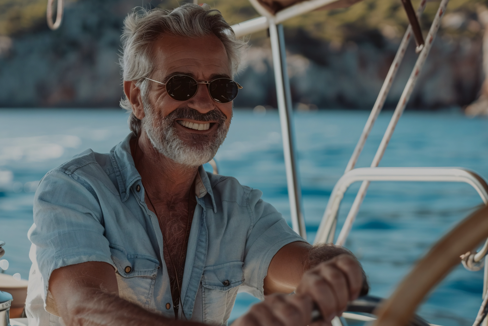 A smiling man in a blue shirt driving a boat, illustrating no extra captain’s license test fee with Mariners.