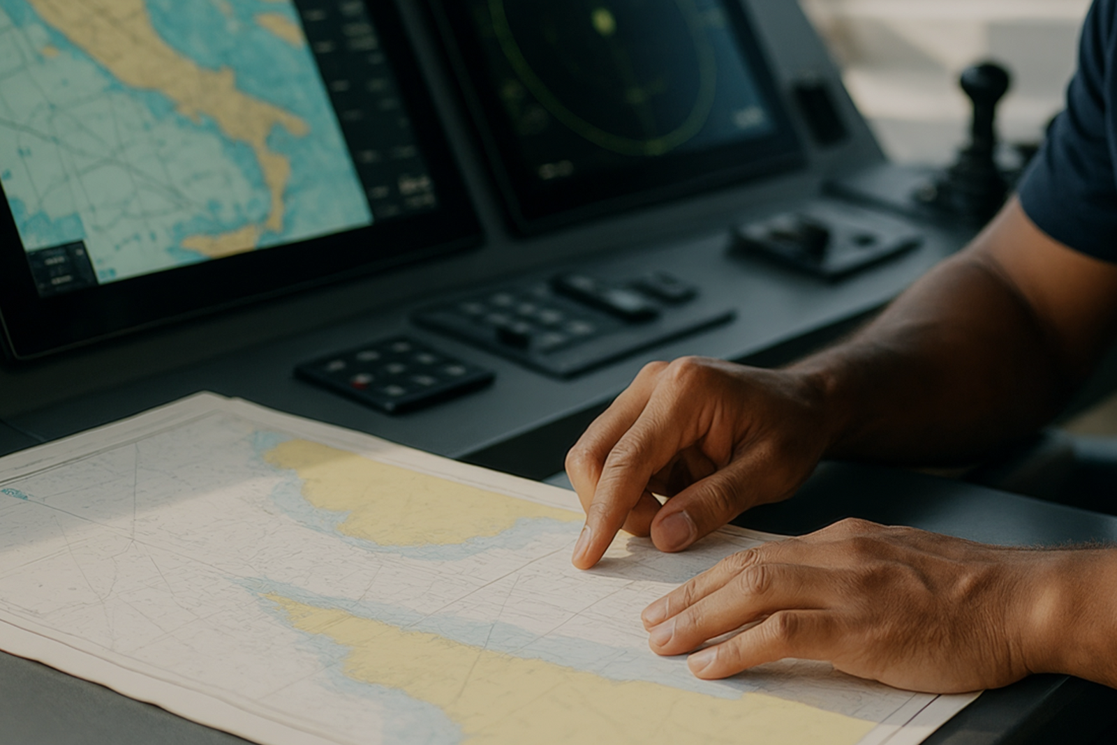 Hands reviewing a nautical map, illustrating what the USCG boundary line is and how it affects Near Coastal licensing.
