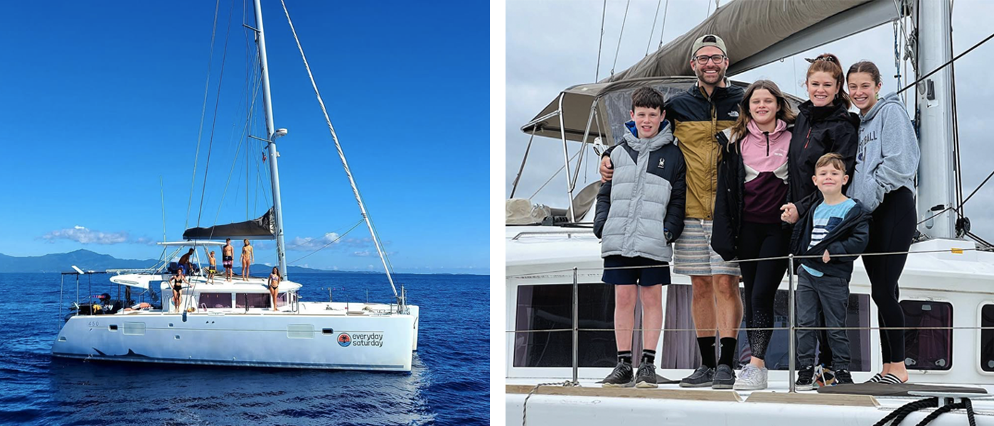 Captain Brandon and family aboard their catamaran "Everyday Saturday" sailing in open blue waters with islands in the background.