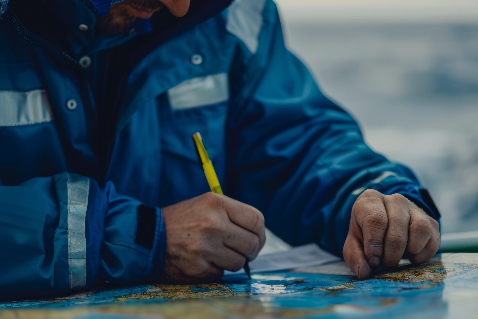 Person in a blue jacket reviewing a nautical map with a yellow pen, symbolizing planning and investment in captain’s license cost.