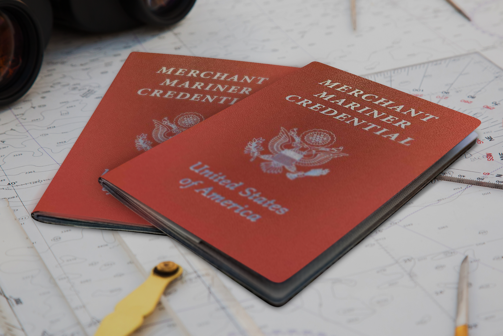 Two red Merchant Mariner Credential booklets placed on a nautical map, symbolizing maritime certification and navigation.