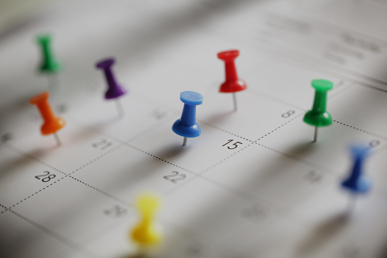 Eight colored pushpins marking key dates on a calendar, representing the timeline and step-by-step process for obtaining a captain’s license.