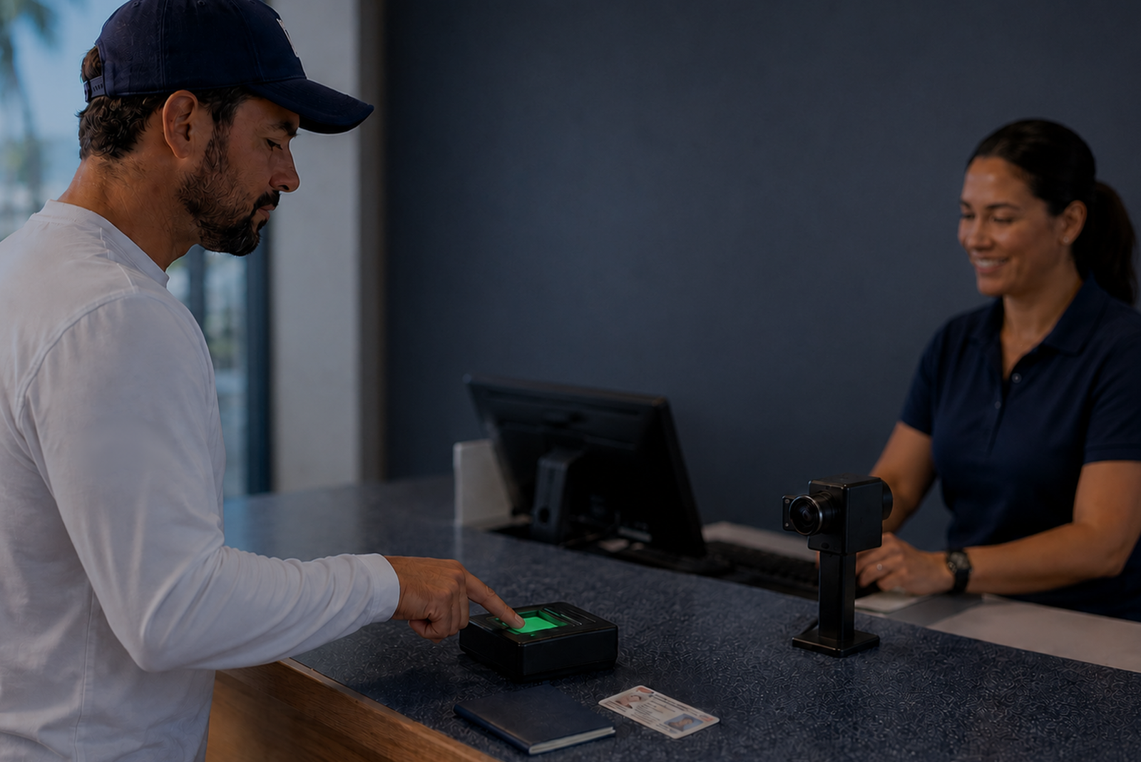 A worker scans a fingerprint at an enrollment desk, illustrating TWIC card requirements for a captain’s license.