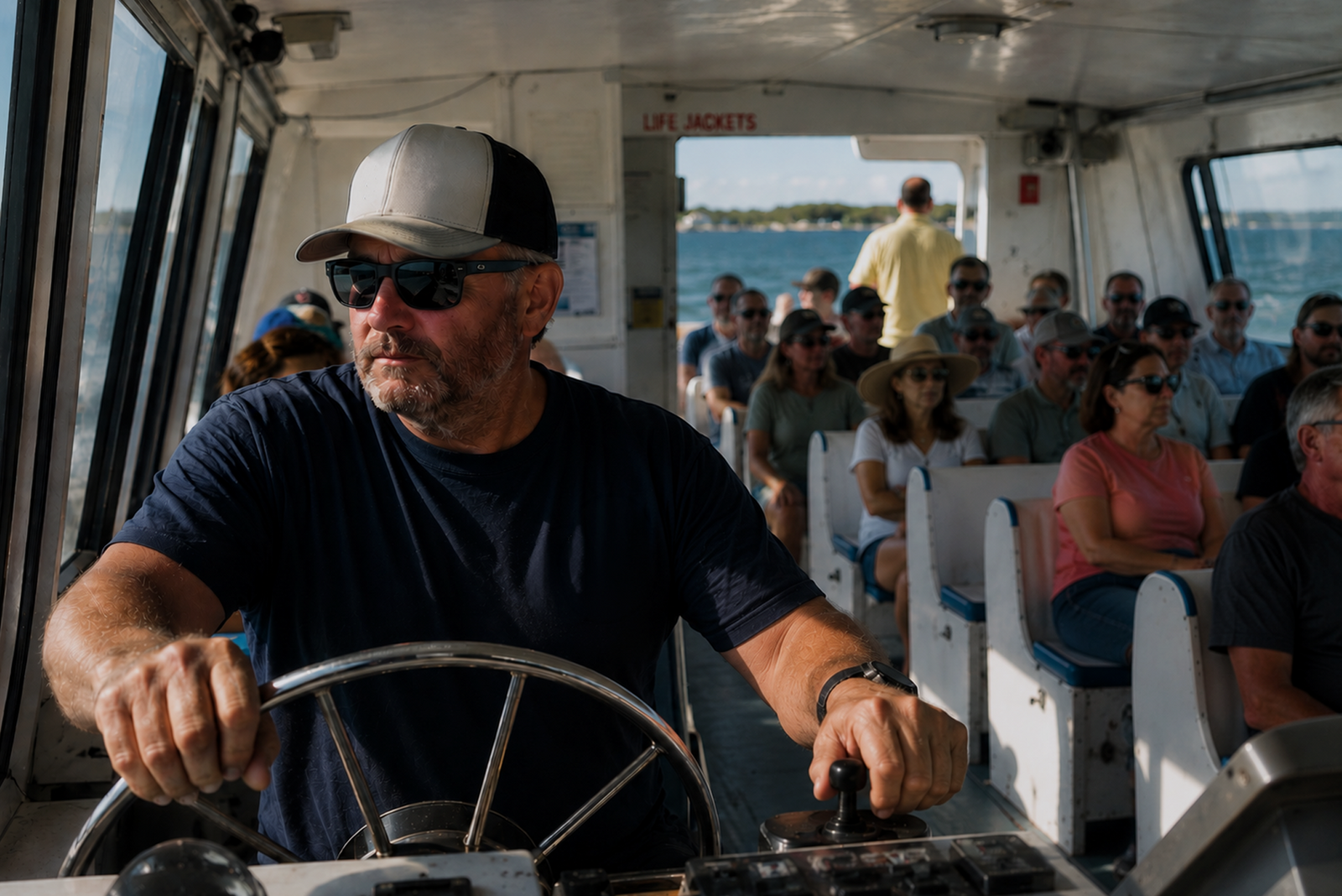 Boat operator at the helm with passengers aboard, illustrating the requirements for upgrading from OUPV/Six-Pack to Master.