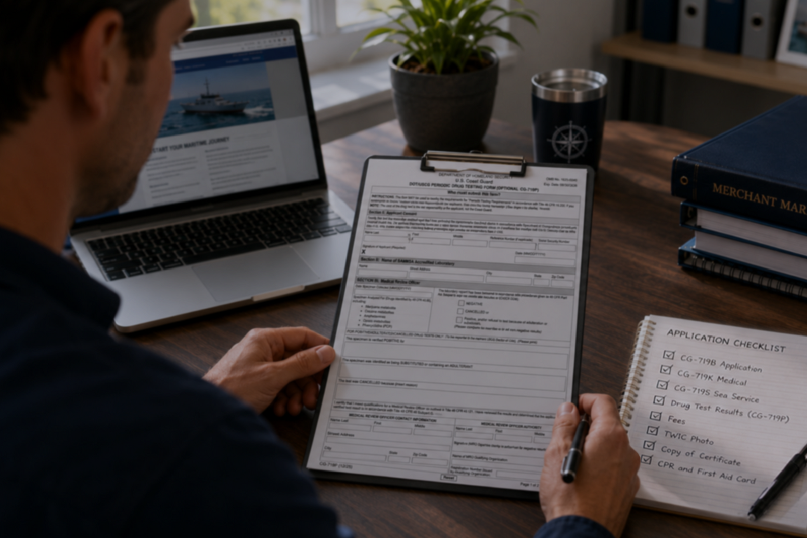 CG‑719B application and checklist showing DOT/USCG periodic drug testing Form CG‑719P among required items on a mariner credential workspace.