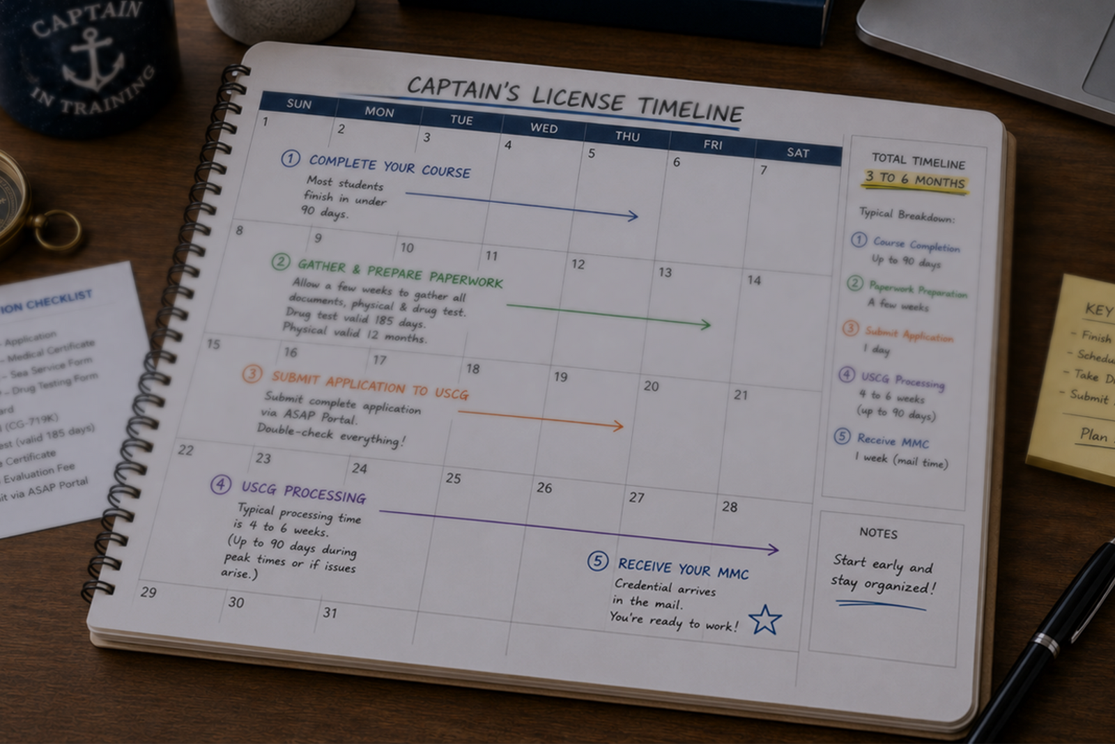 Captain’s license timeline showing steps from course completion to paperwork, submission, processing, and receiving your MMC.