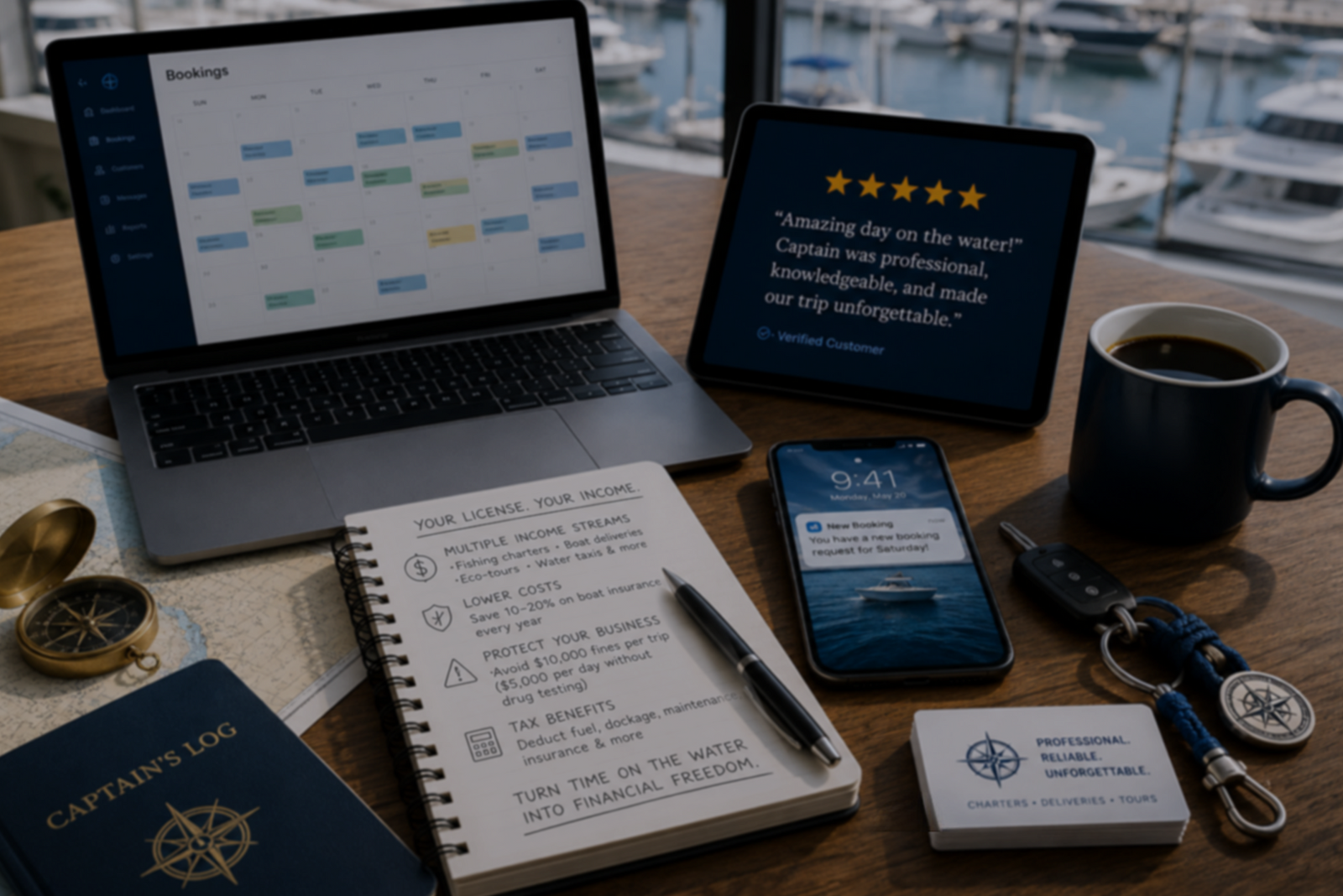 Captain’s licenses financial benefits shown through a marina workspace with bookings, reviews, and notes on income, savings, and tax deductions.