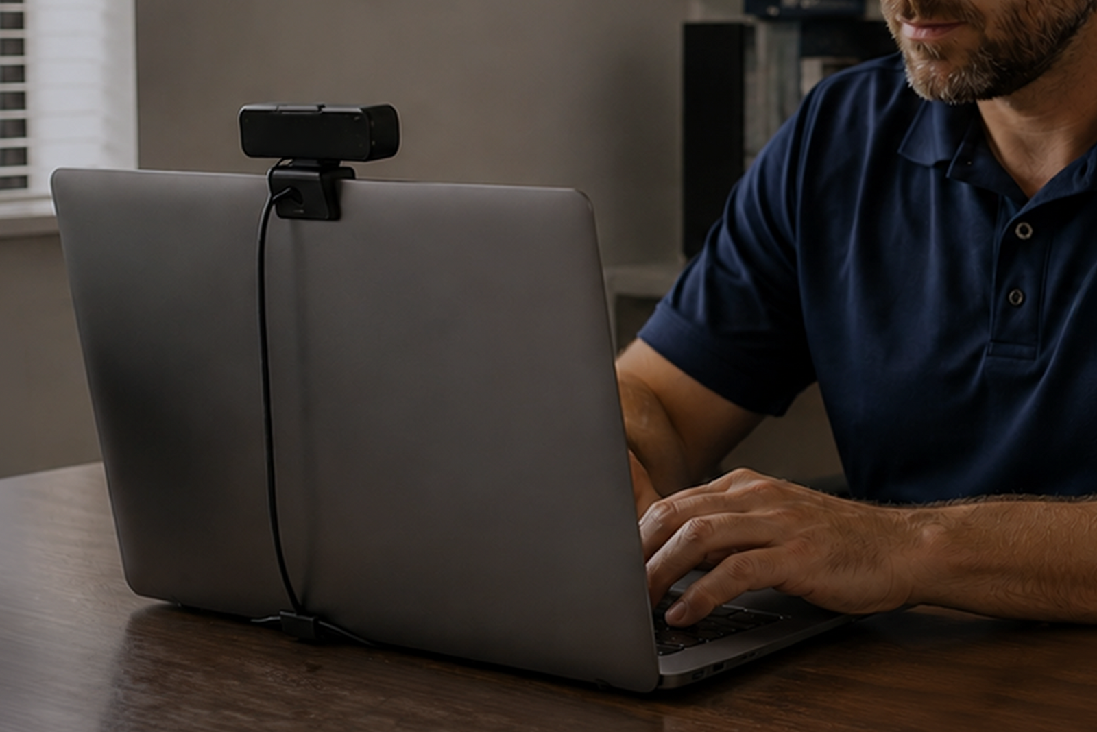 OUPV/Six-Pack online testing setup with a laptop and external webcam used for remote proctored exam sessions.