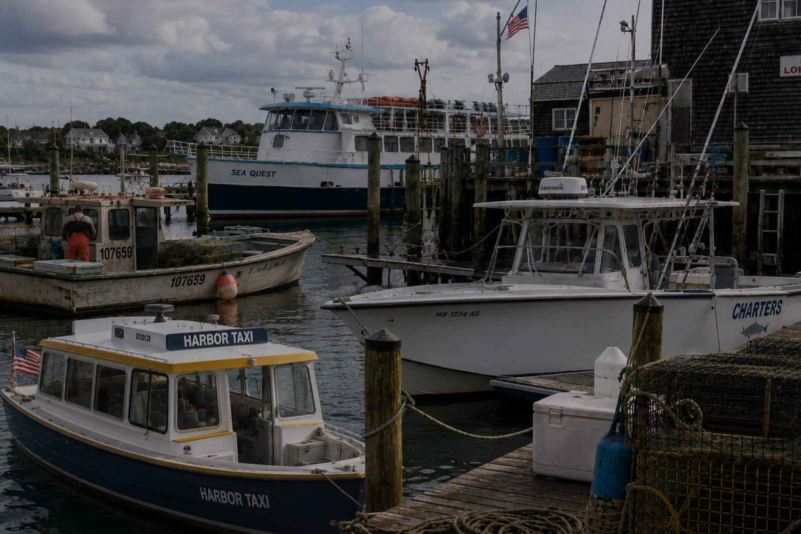 Boats docked at a working marina with nets and gear, illustrating settings where a captain’s license offers career benefits.