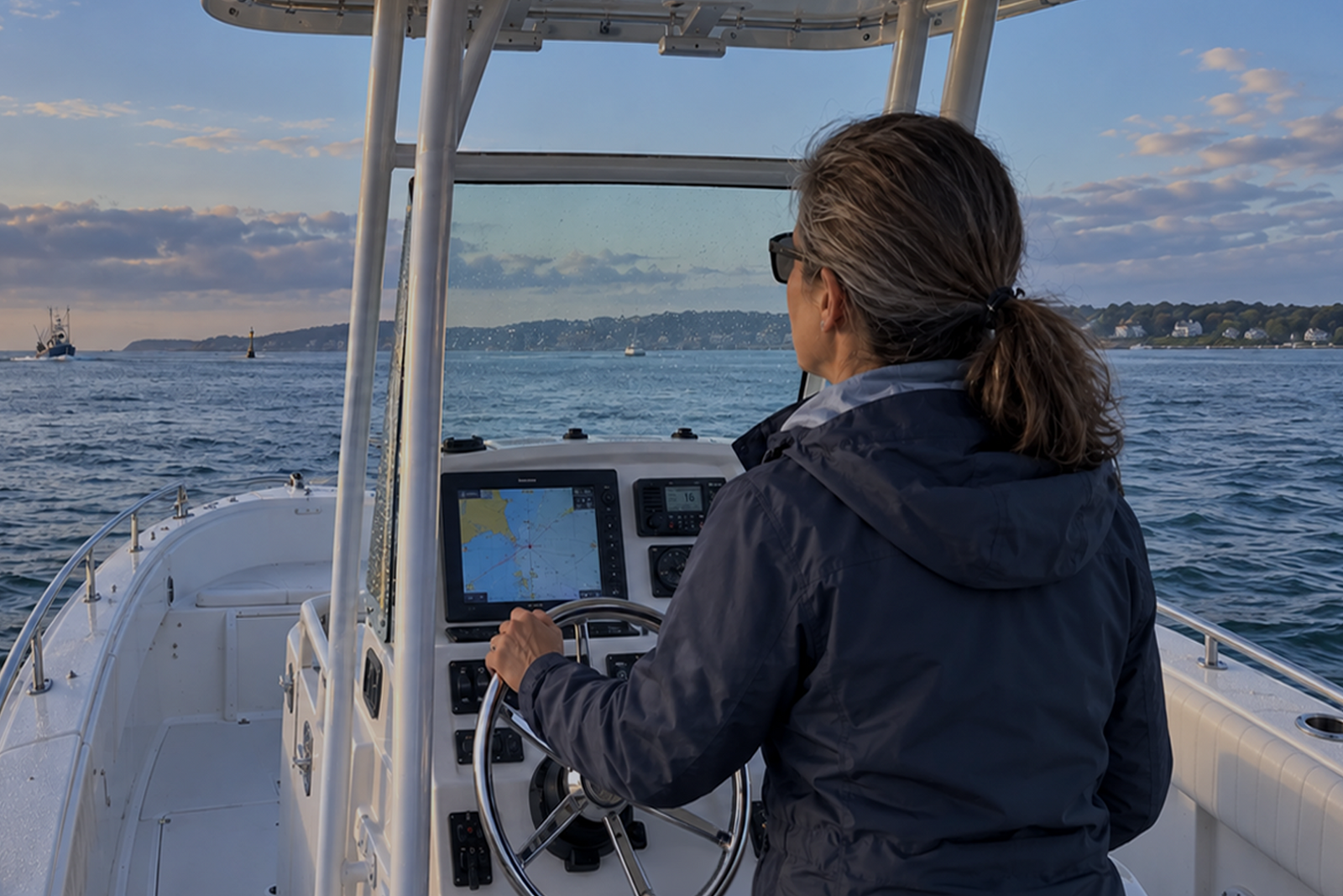 A woman steering a boat toward a distant shoreline with the header “Requirements for Deck License Renewal.”