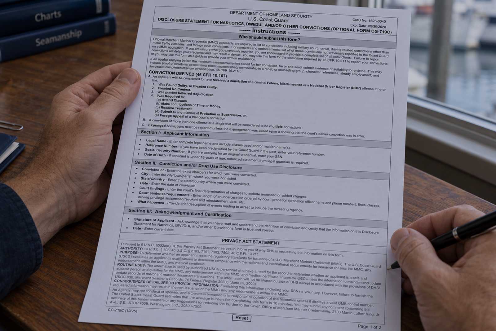 Person holding a Coast Guard conviction disclosure form at a desk, pen in hand, with books and a marina visible in the background.