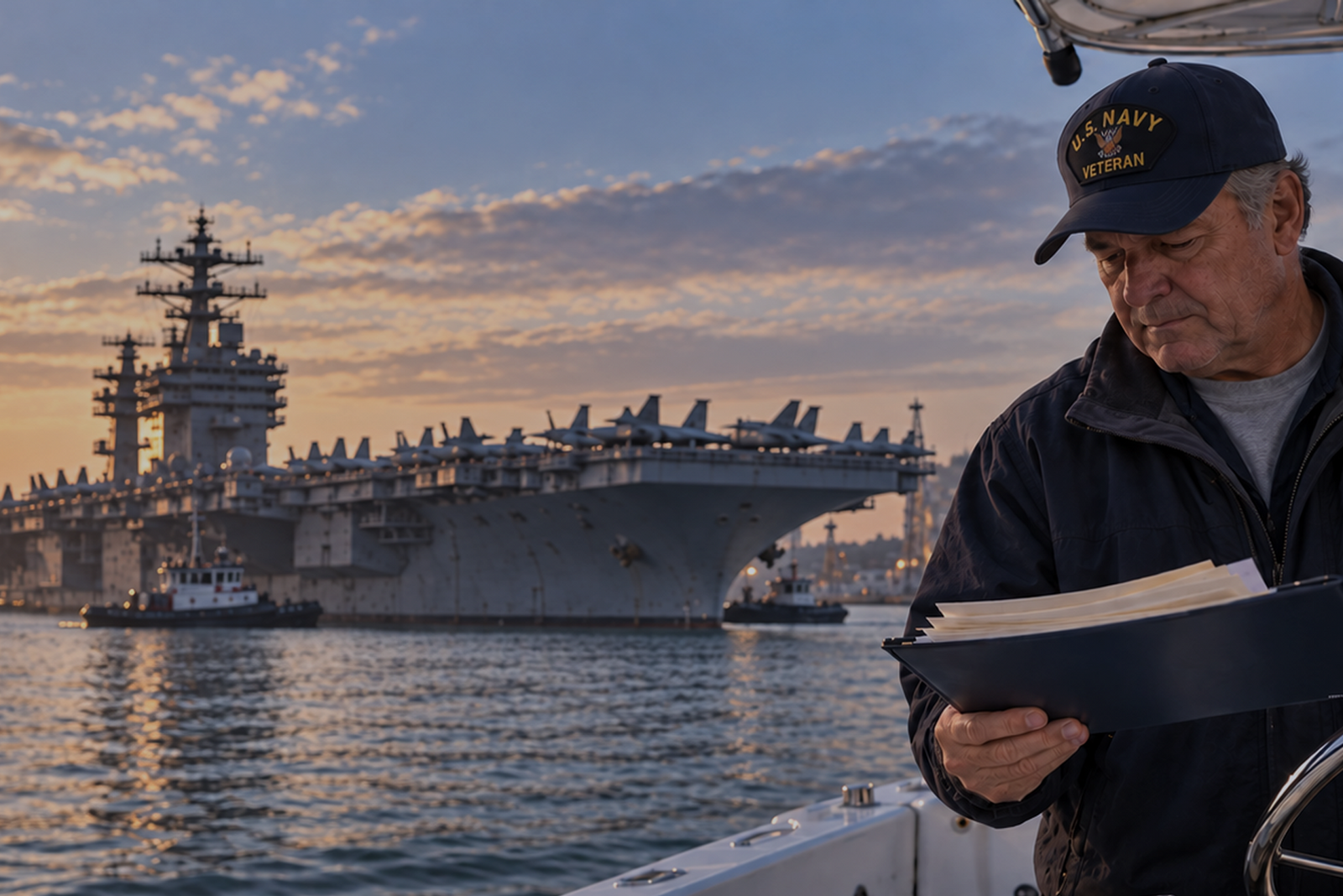 Navy veteran with documents standing by an aircraft carrier at sunset, considering military sea time for a captain’s license.