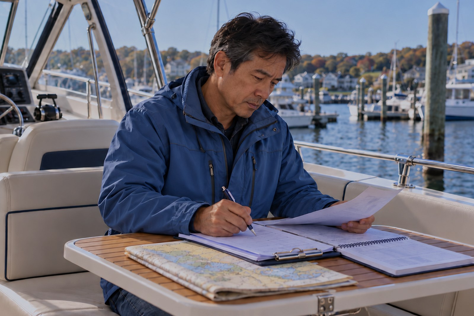 Person sitting on a boat at a marina reviewing paperwork with “USCG Captain’s License Eligibility” text on the image.