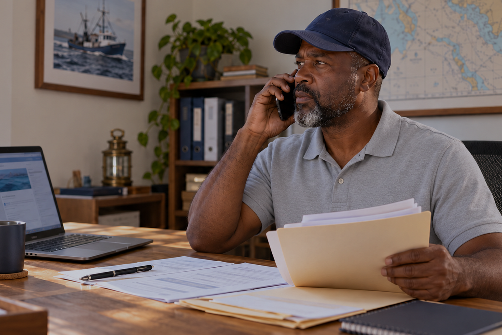 Person at a desk holding a phone and paperwork with a laptop nearby, trying to contact the Coast Guard.