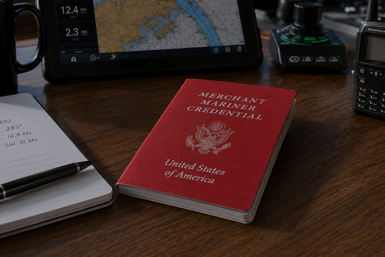 A Merchant Mariner Credential rests on a desk with navigation tools, helping explain what a USCG captain’s license is.