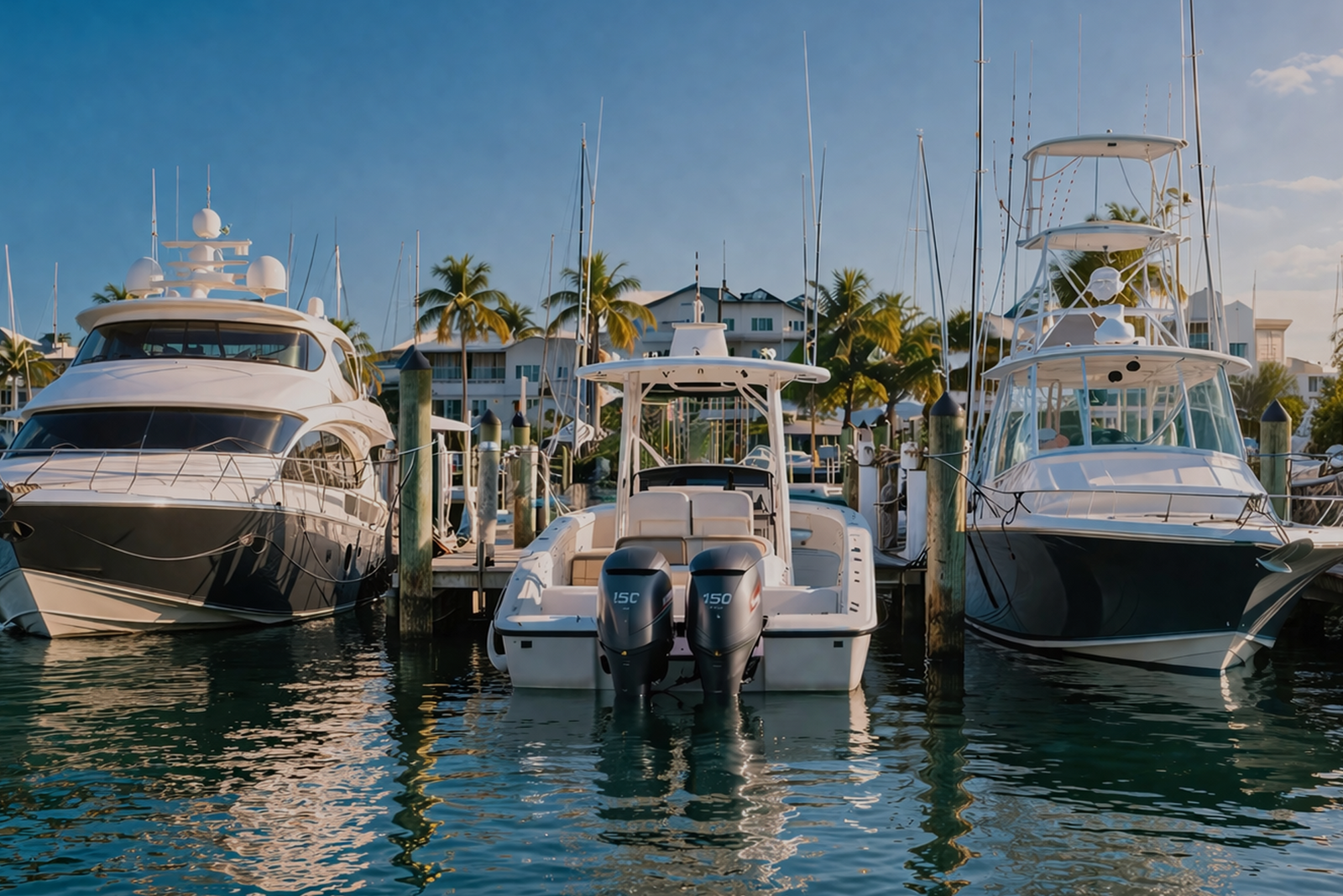 Charter boats and yachts docked at a tropical marina with palm trees and clear skies in the background.