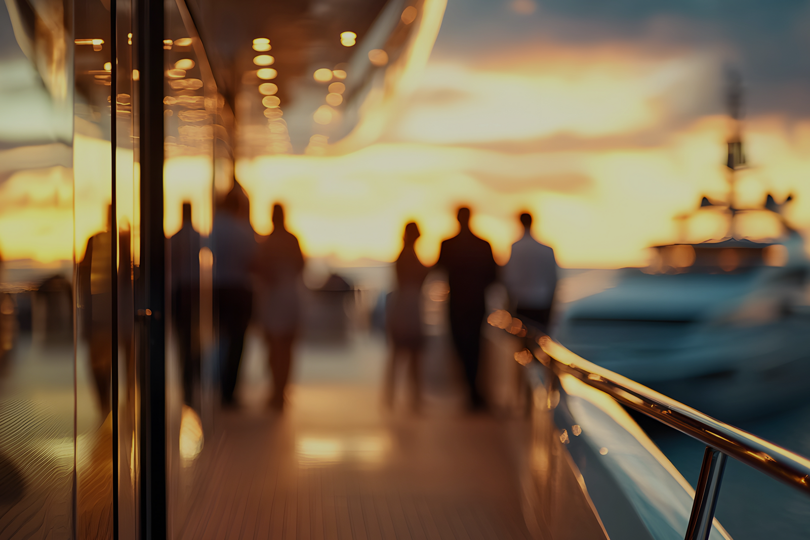 Blurry photo of people on a boat out on the water, suggesting a charter group experience.