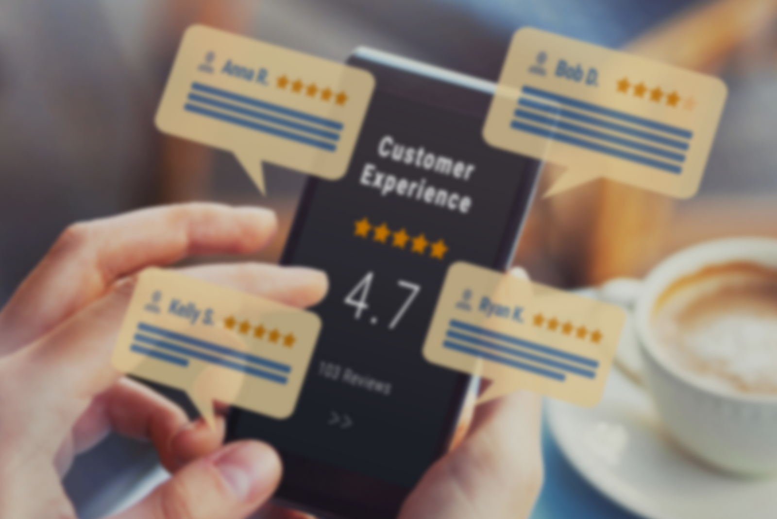 Blurry close-up of a hand holding a phone with a customer service rating screen, reflecting missed guest feedback.