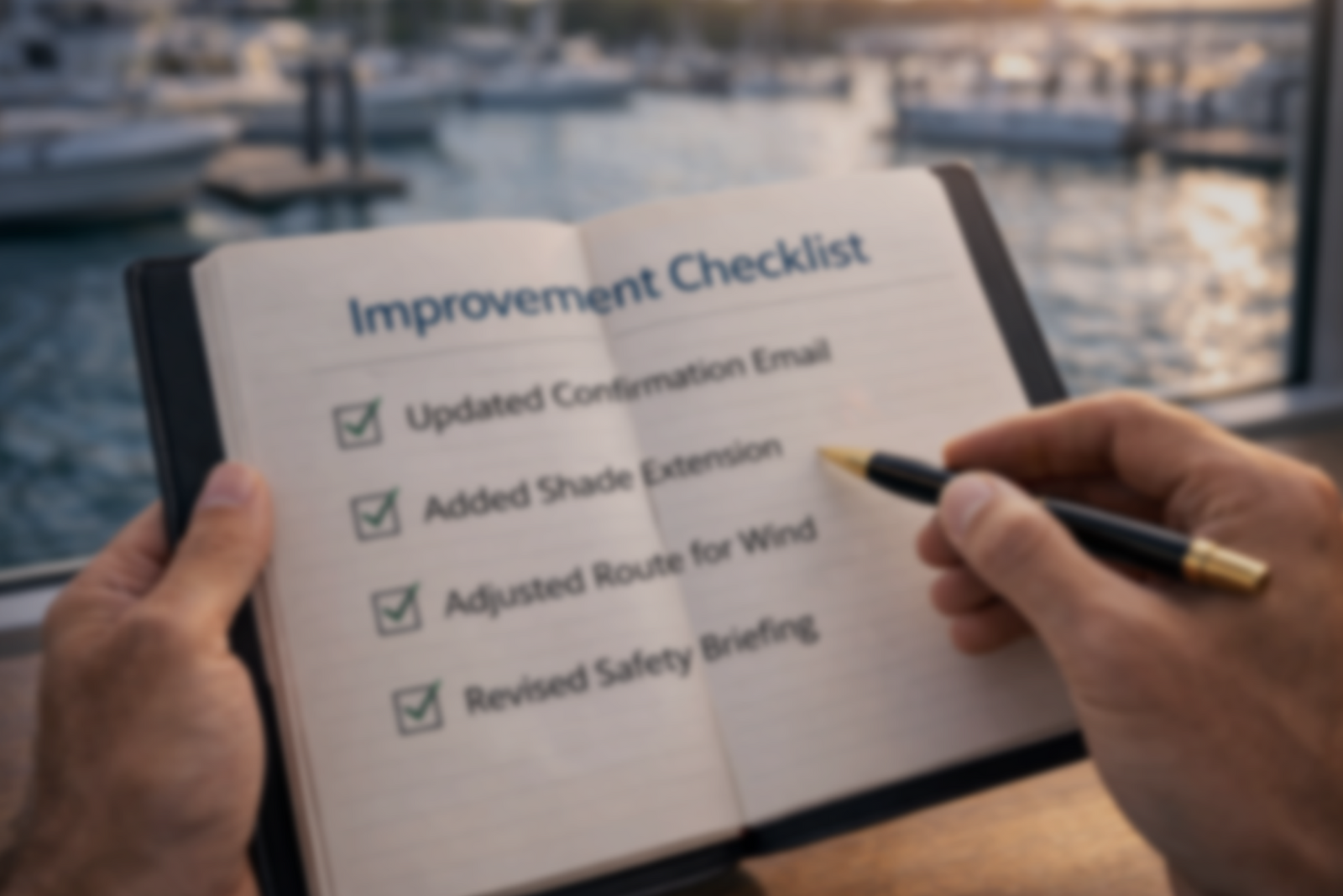 Blurry close-up of hands holding a checklist for improvements, representing how guest feedback drives business upgrades.