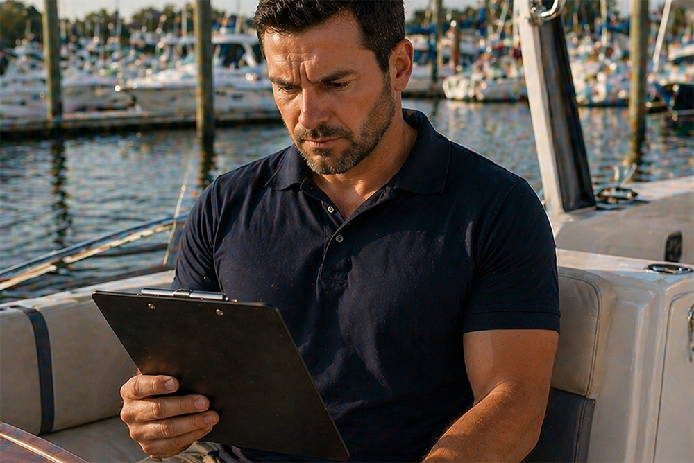 Man on a boat checking a clipboard as he adjusts charter pricing models to maximize revenue.