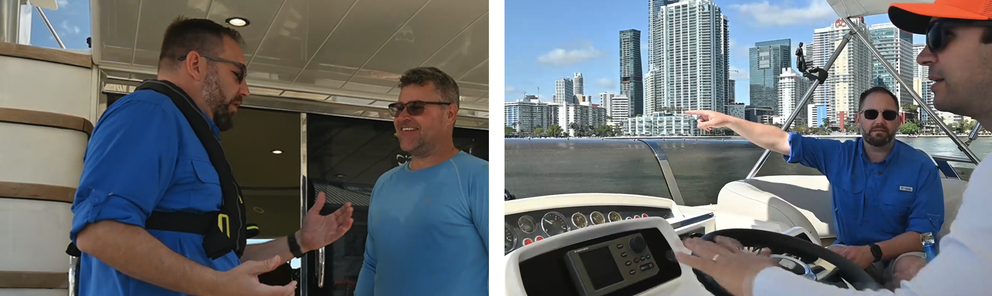 Two side-by-side photos of men talking aboard a yacht.