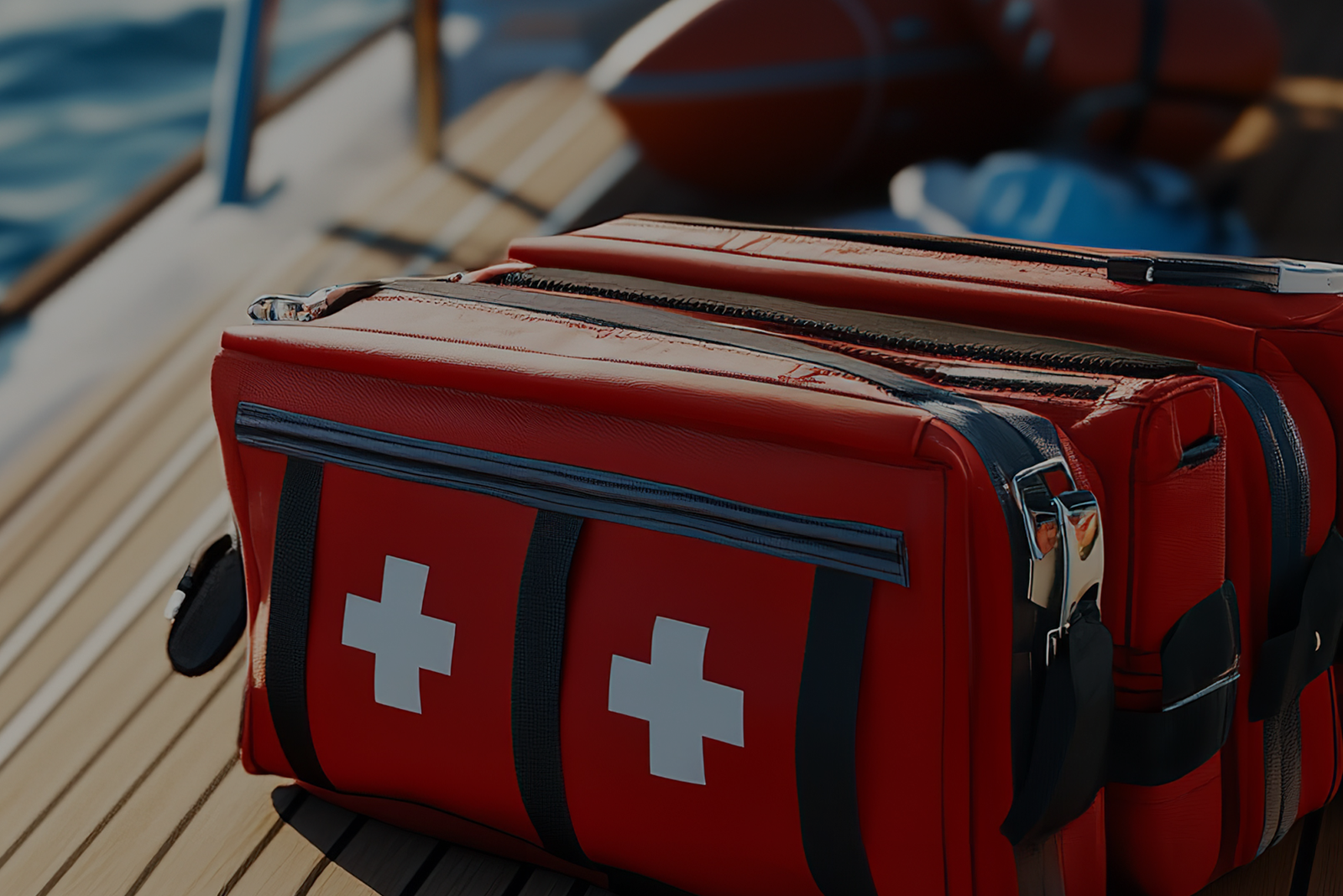 Medical bag placed on a boat deck, symbolizing preparedness for emergencies in line with USCG First Aid and CPR certification requirements.