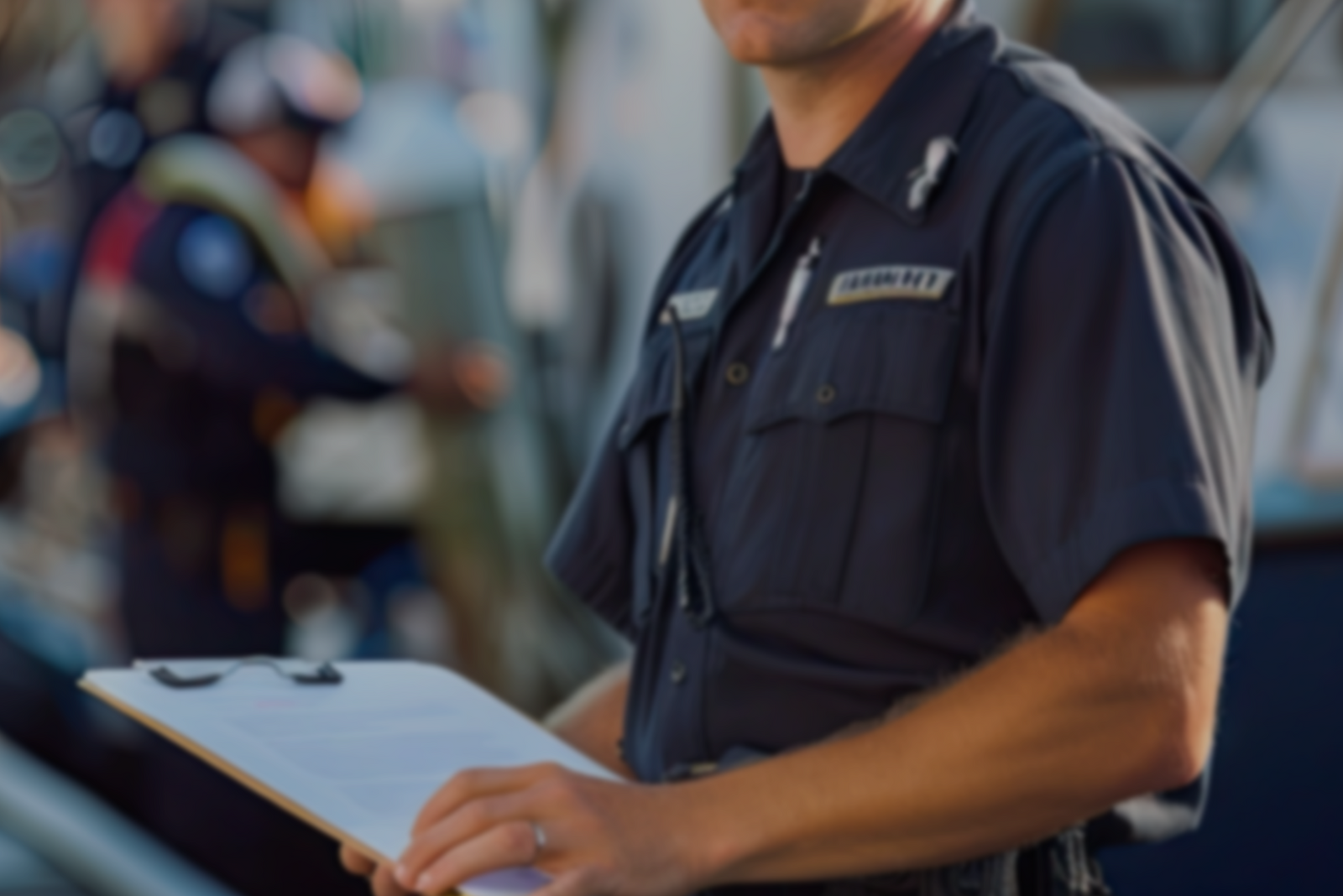 A uniformed maritime security officer holding a clipboard.