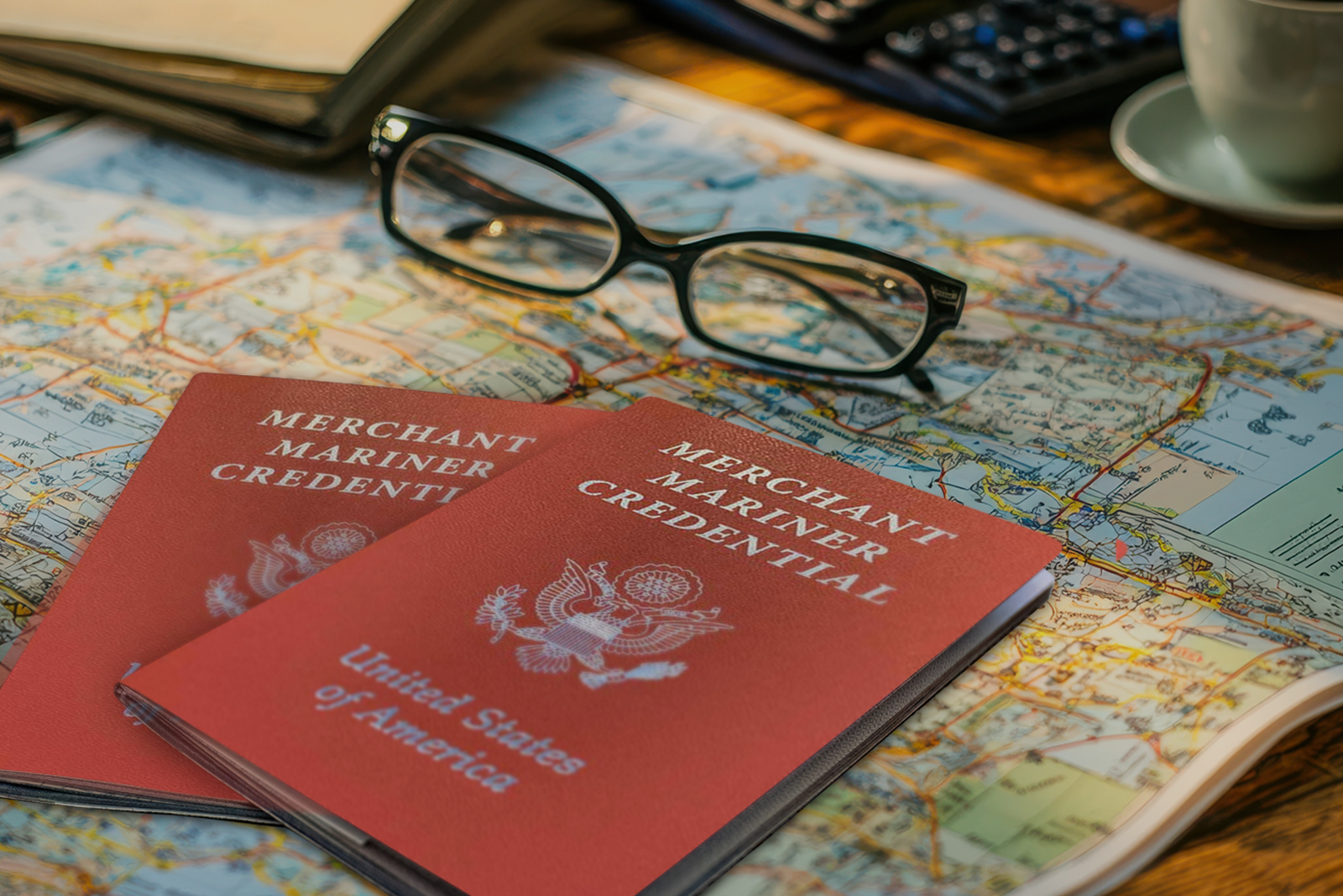 Two red “Merchant Mariner Credential” books and a pair of glasses on top of a map.