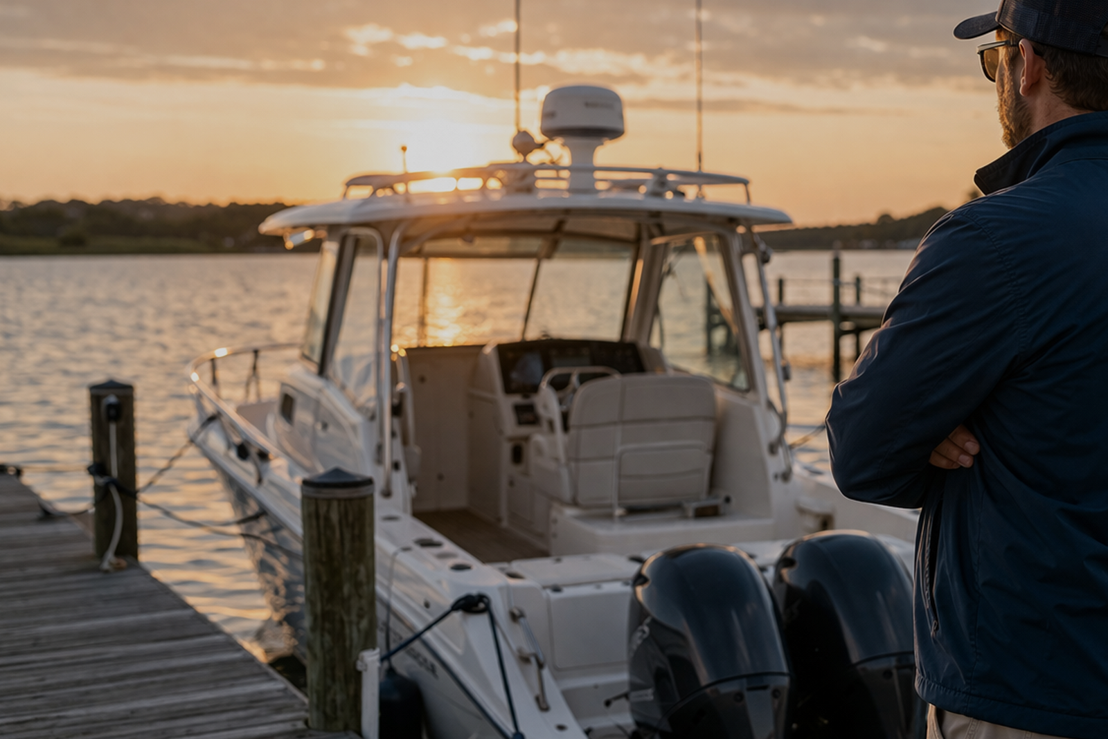 A man looking at a boat tied to a dock at sunset, reflecting on whether he can renew his captain’s license with less than 360 days sea time.