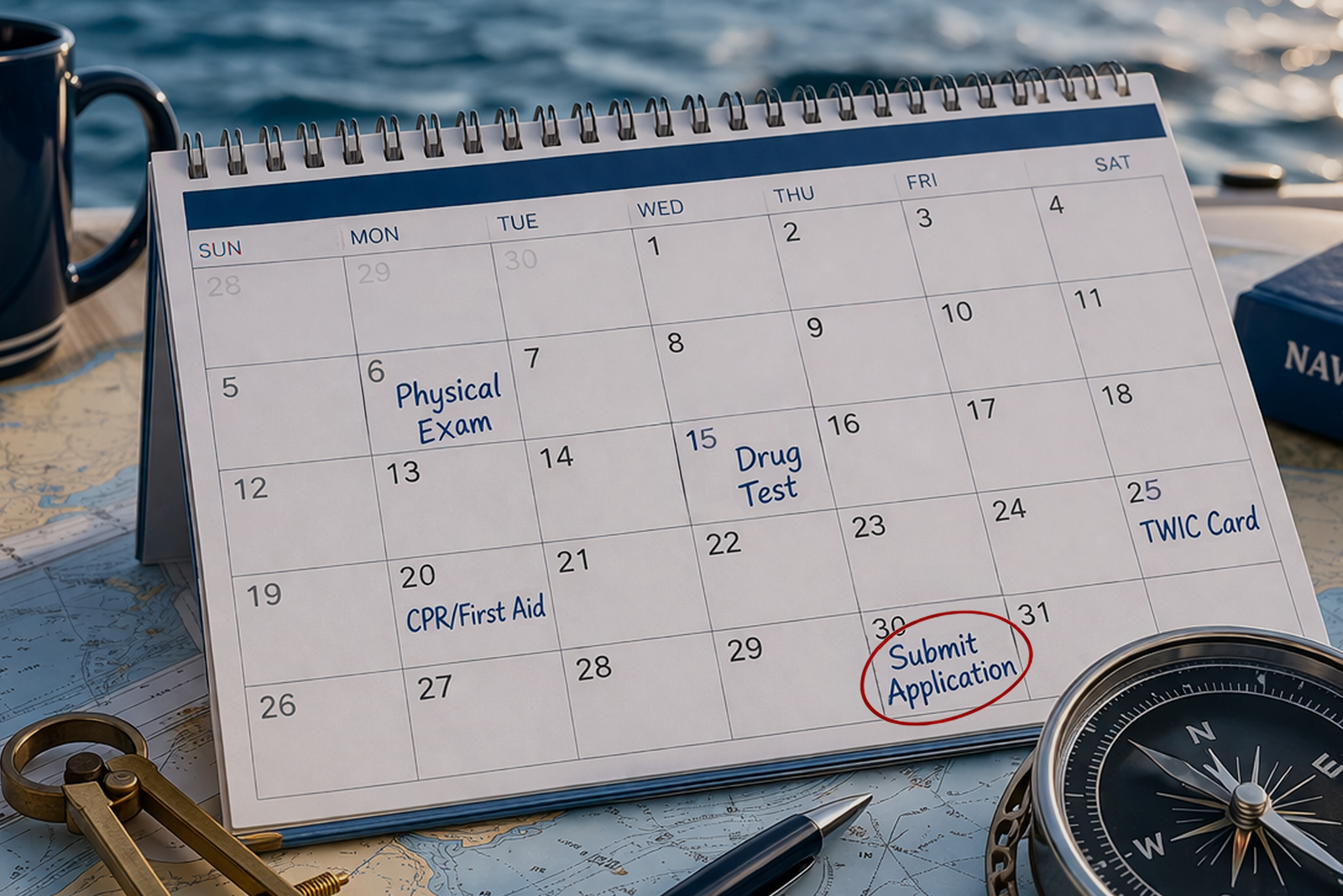 A calendar marked with key captain’s license deadlines for exams, documents, and application submission.