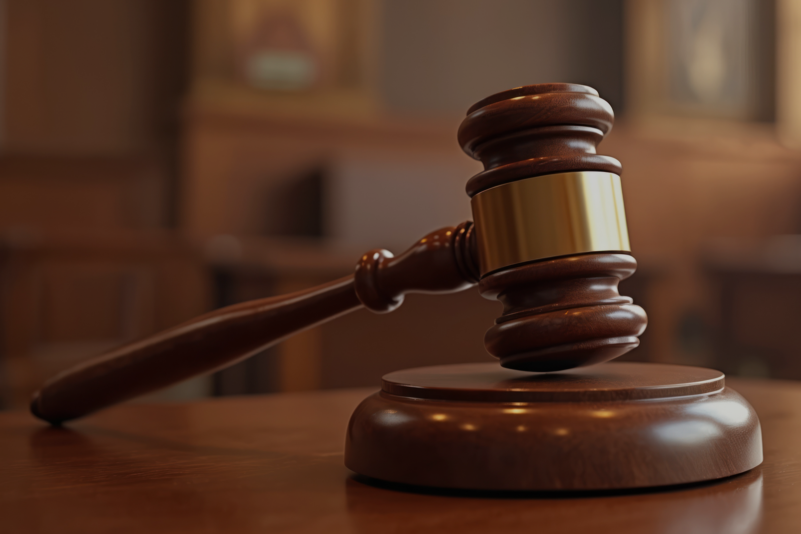 A wooden gavel resting on a desk, symbolizing legal judgment and licensing decisions.