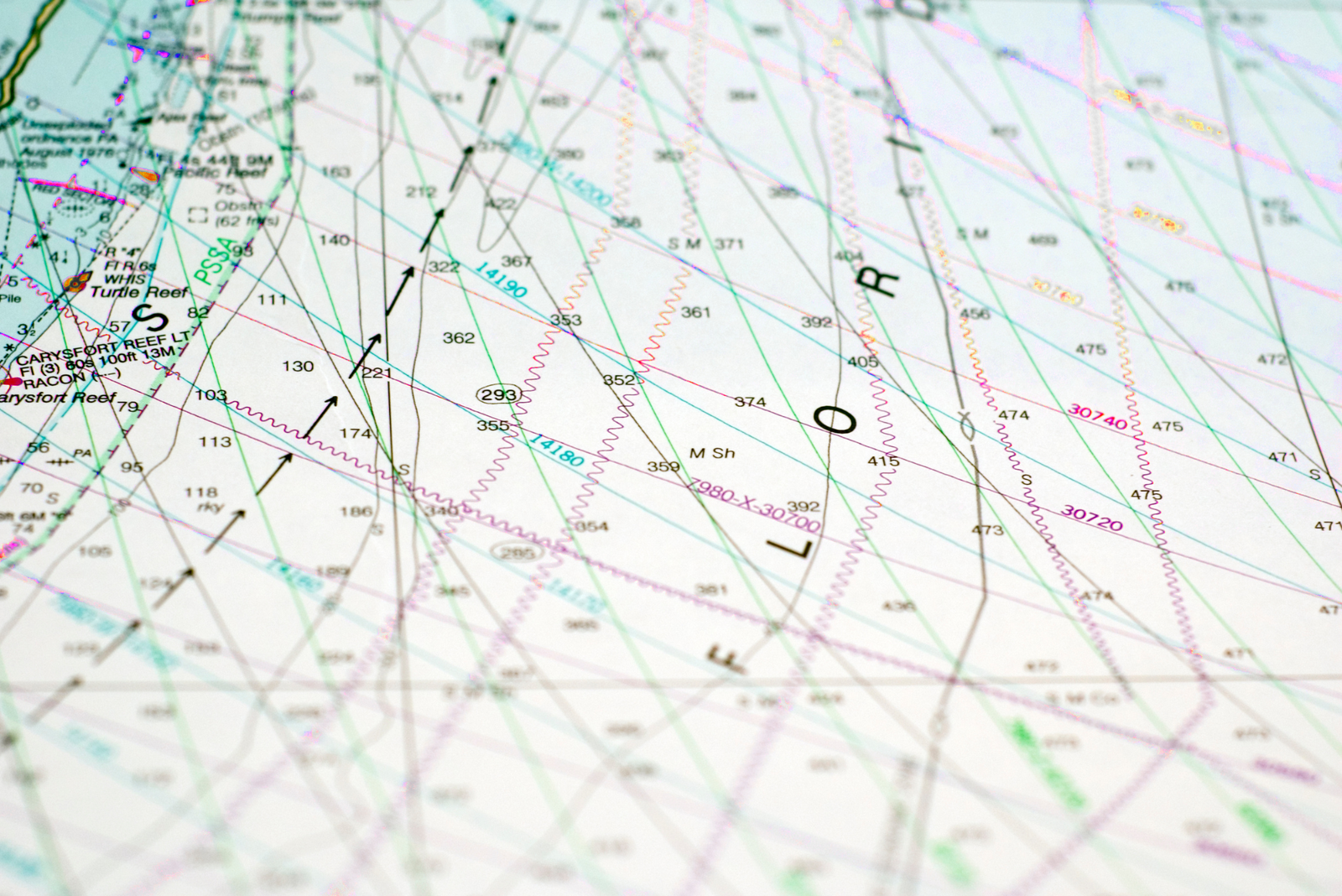 Close up view of a electronic nautical navigation chart.