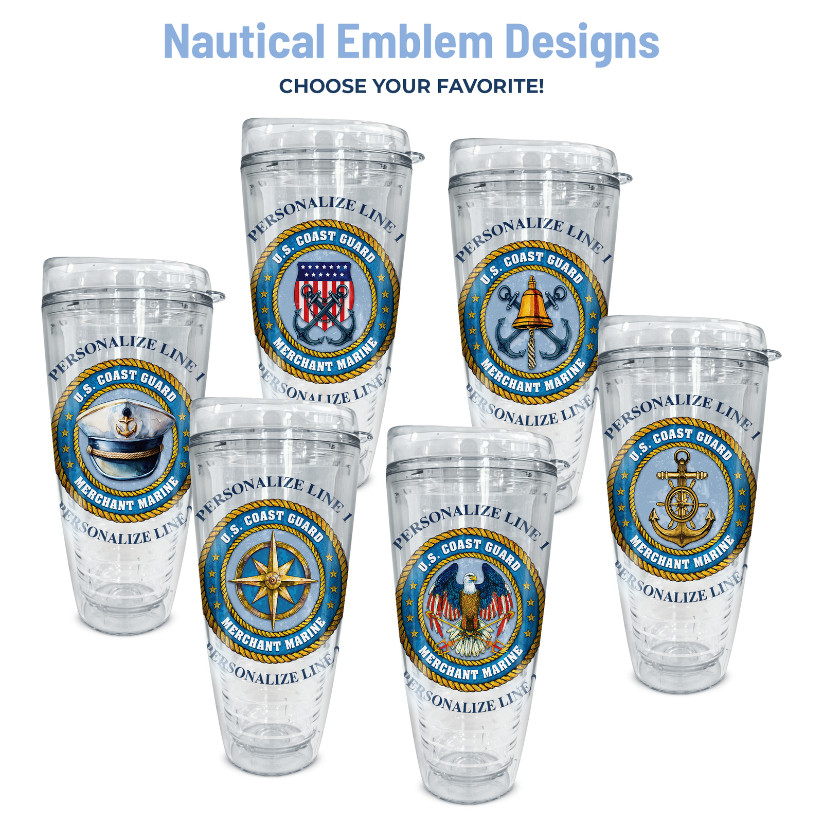 six nautical emblem designs for tumblers