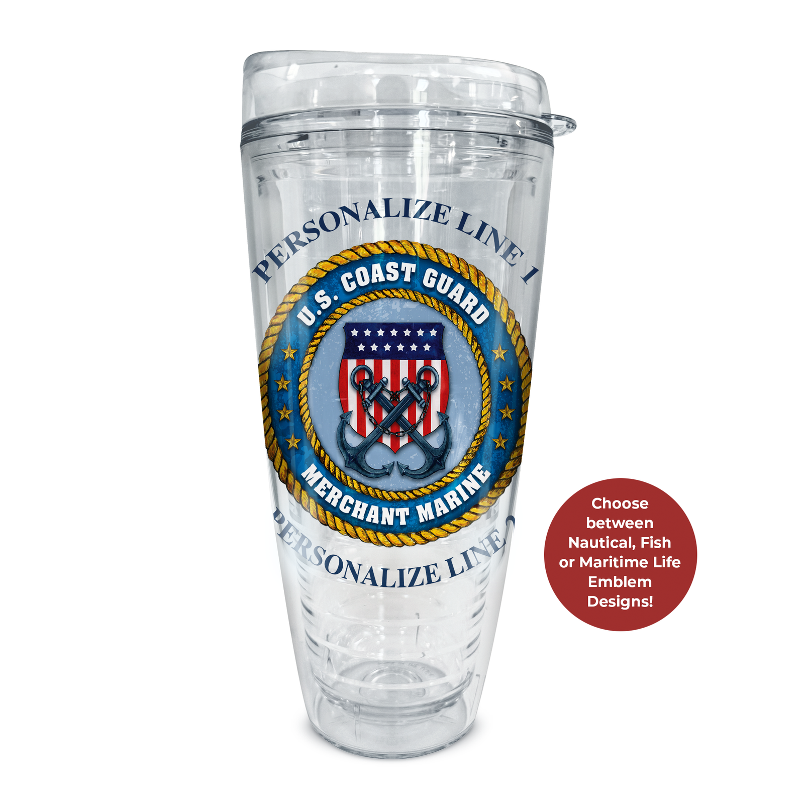 tumbler with example of emblem and personalization