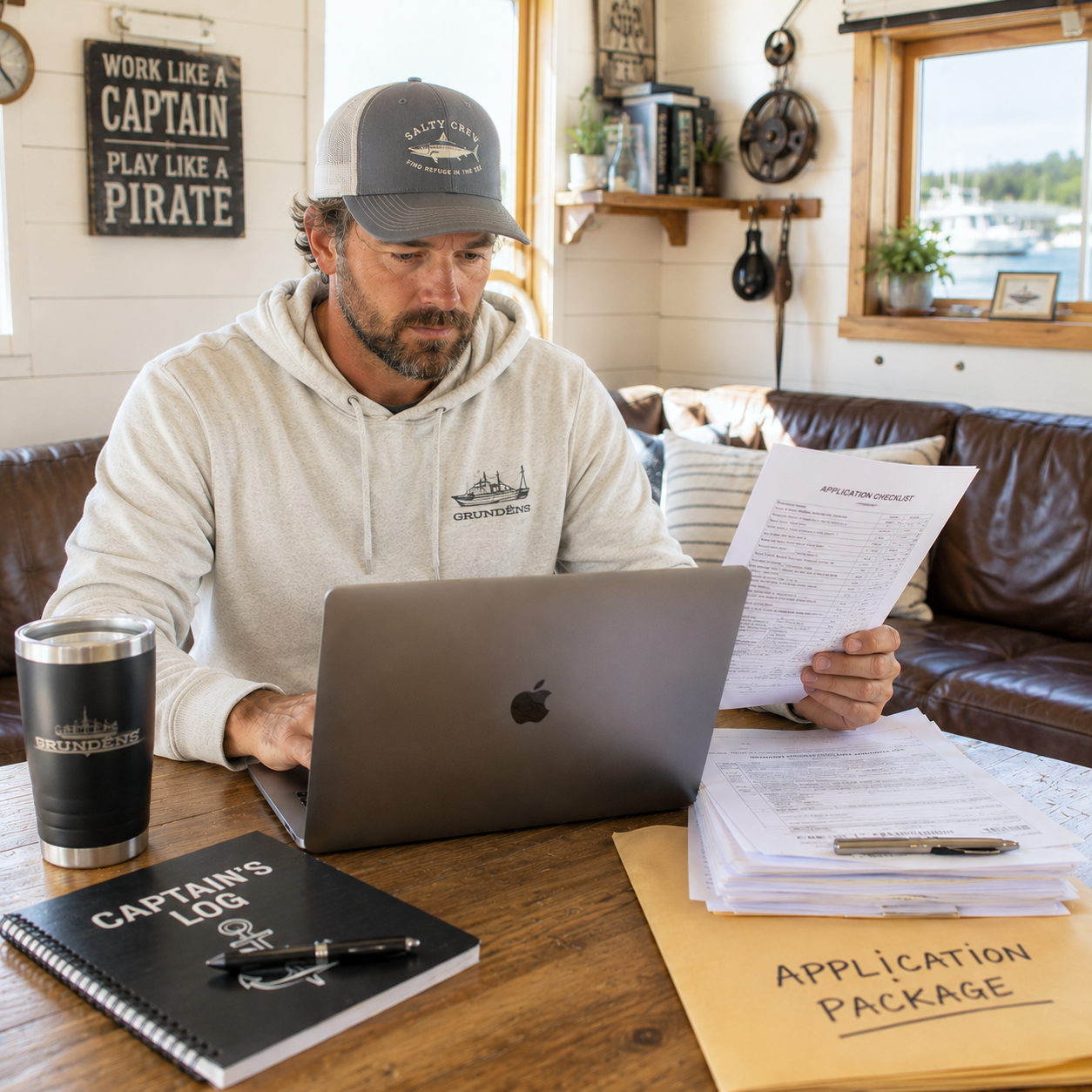 Man working on paper work and lap top image