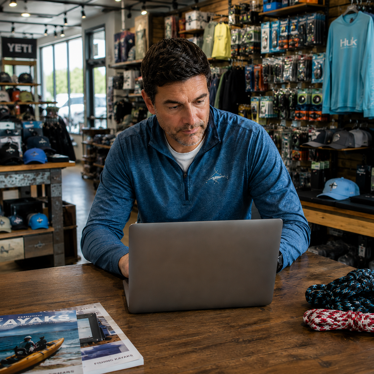 Man working on lap top in marine shop image