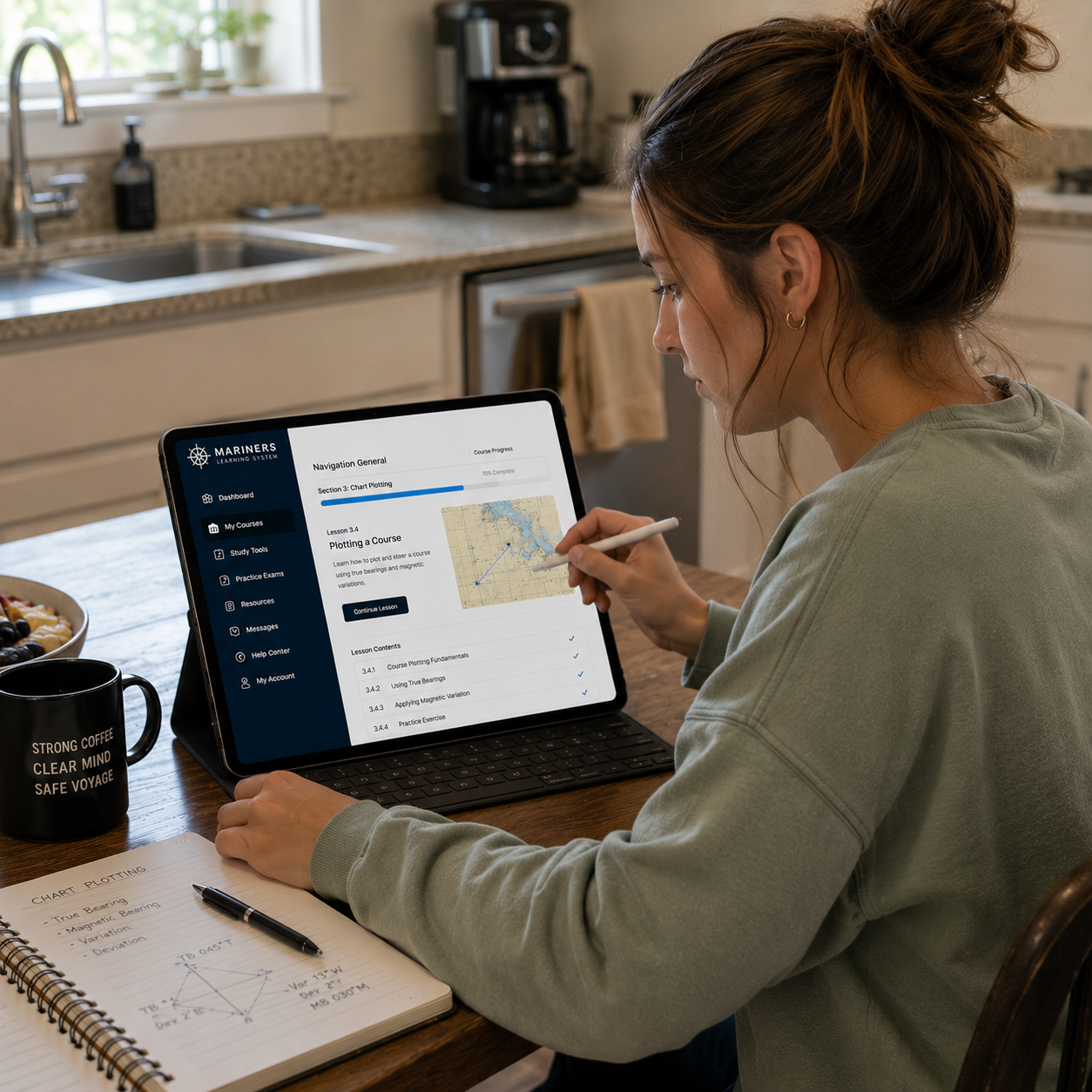 Woman working on lap top in kitchen image