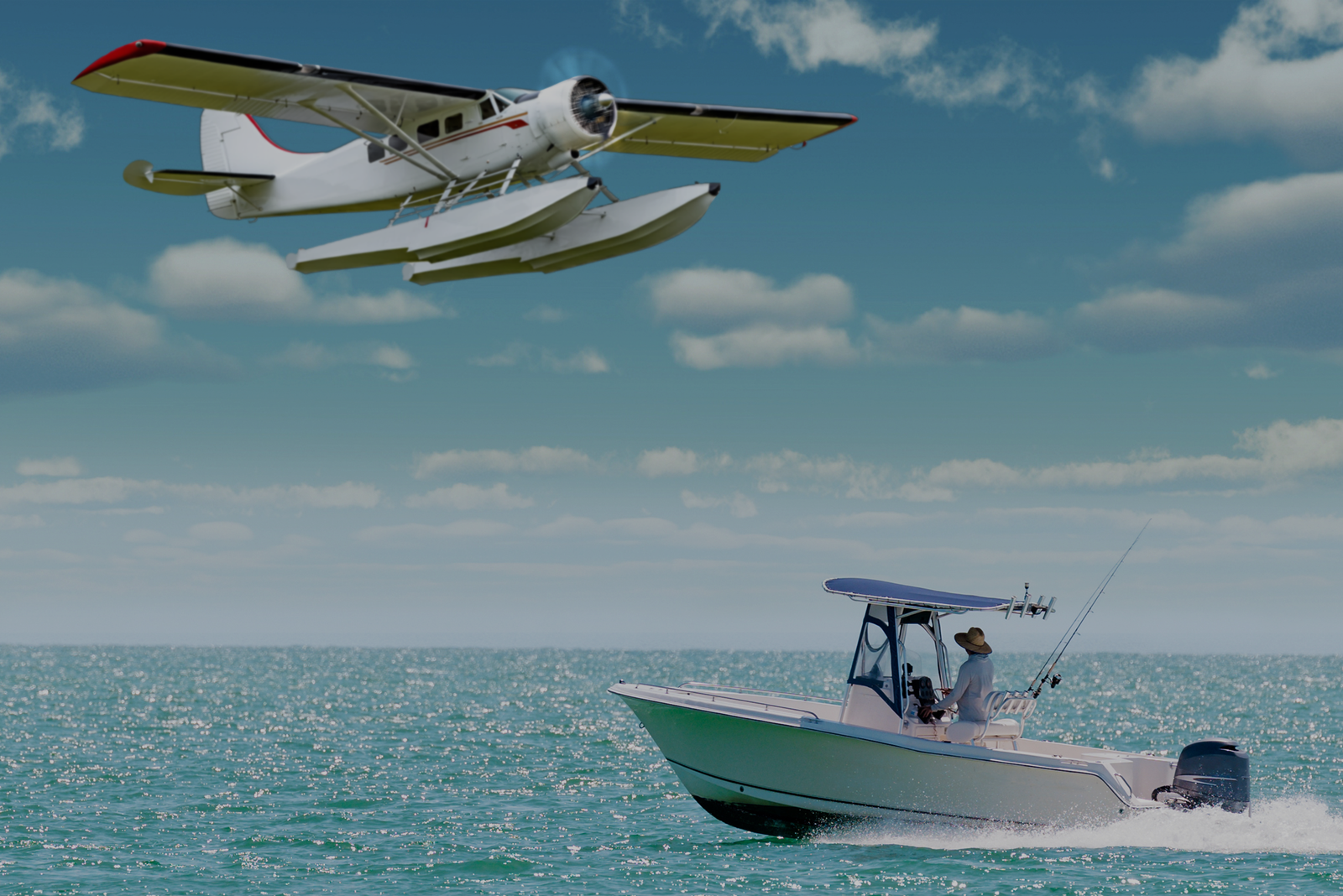 Plane flying over a boat on the water, symbolizing the journey to earning a captain’s license or pilot’s license.