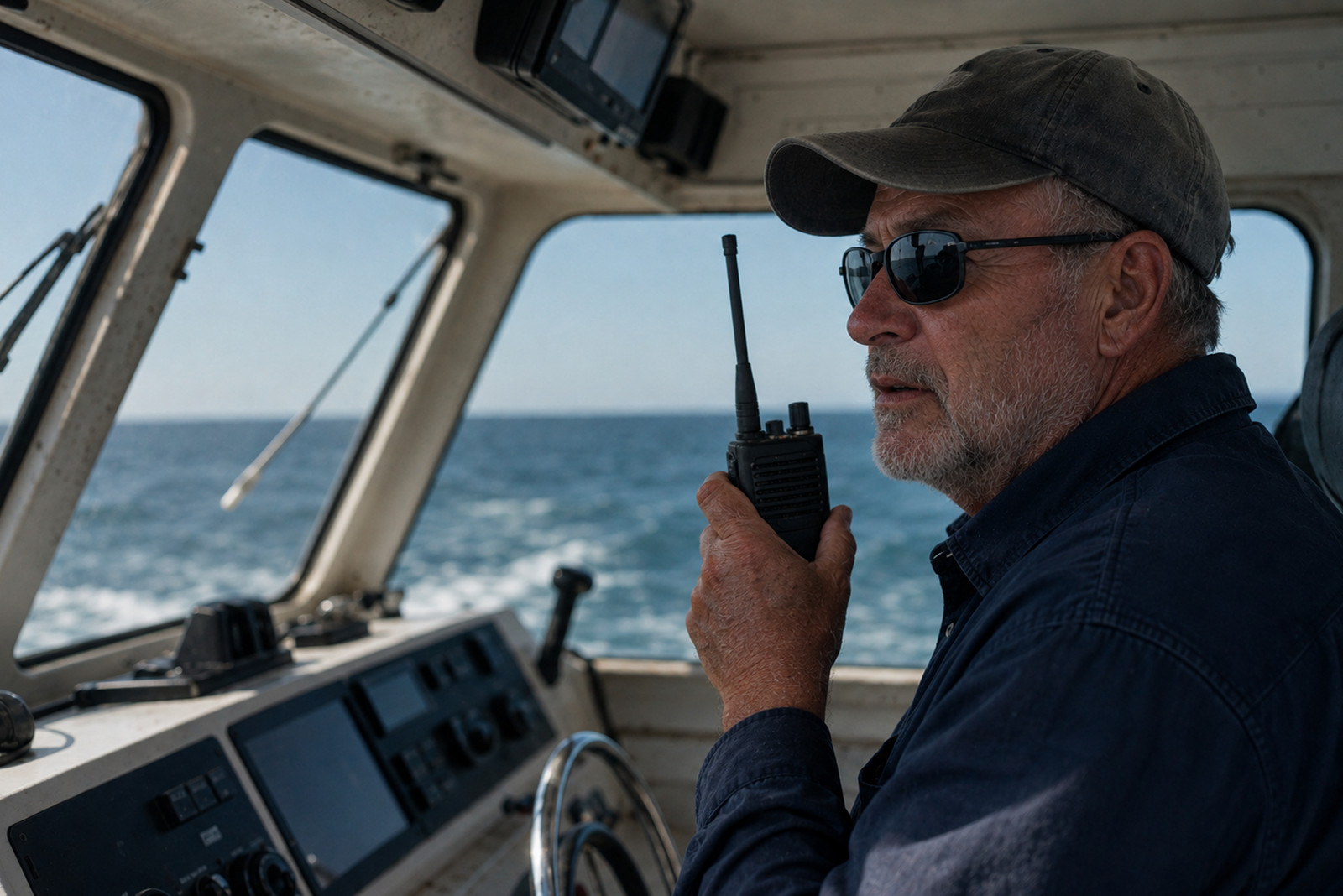 A mariner in a boat cabin uses a handheld radio, illustrating the General Radiotelephone Operator License in maritime communication.