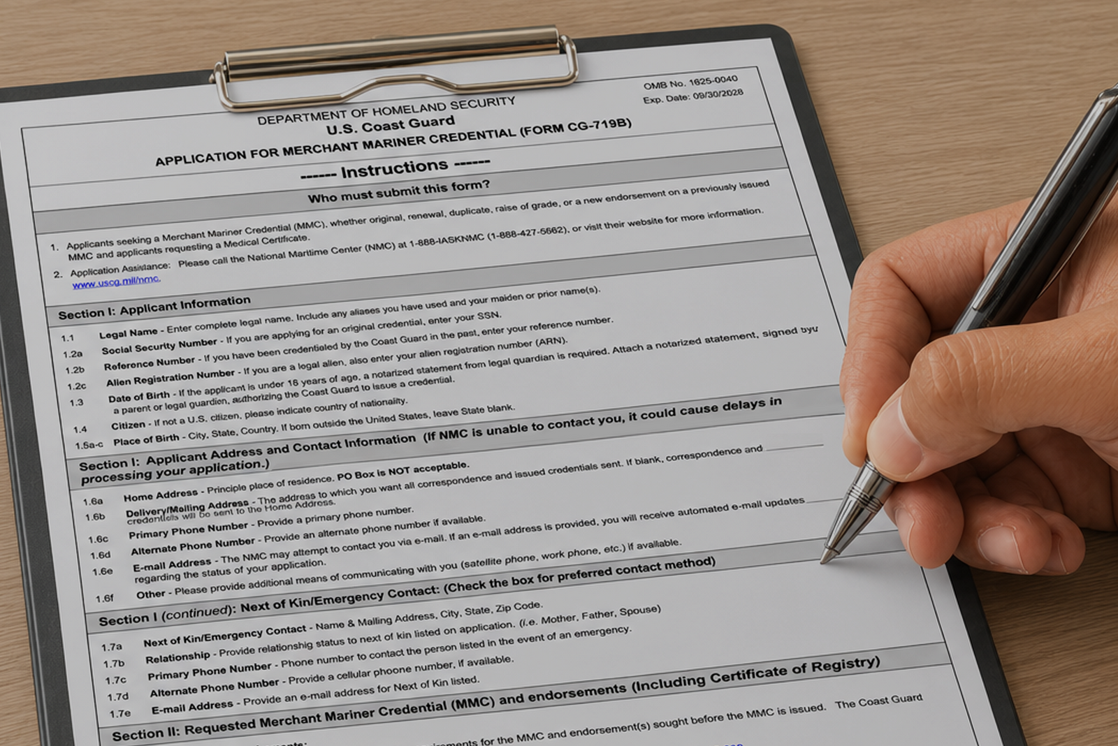 Close-up of a hand filling out the CG‑719B application on a clipboard.