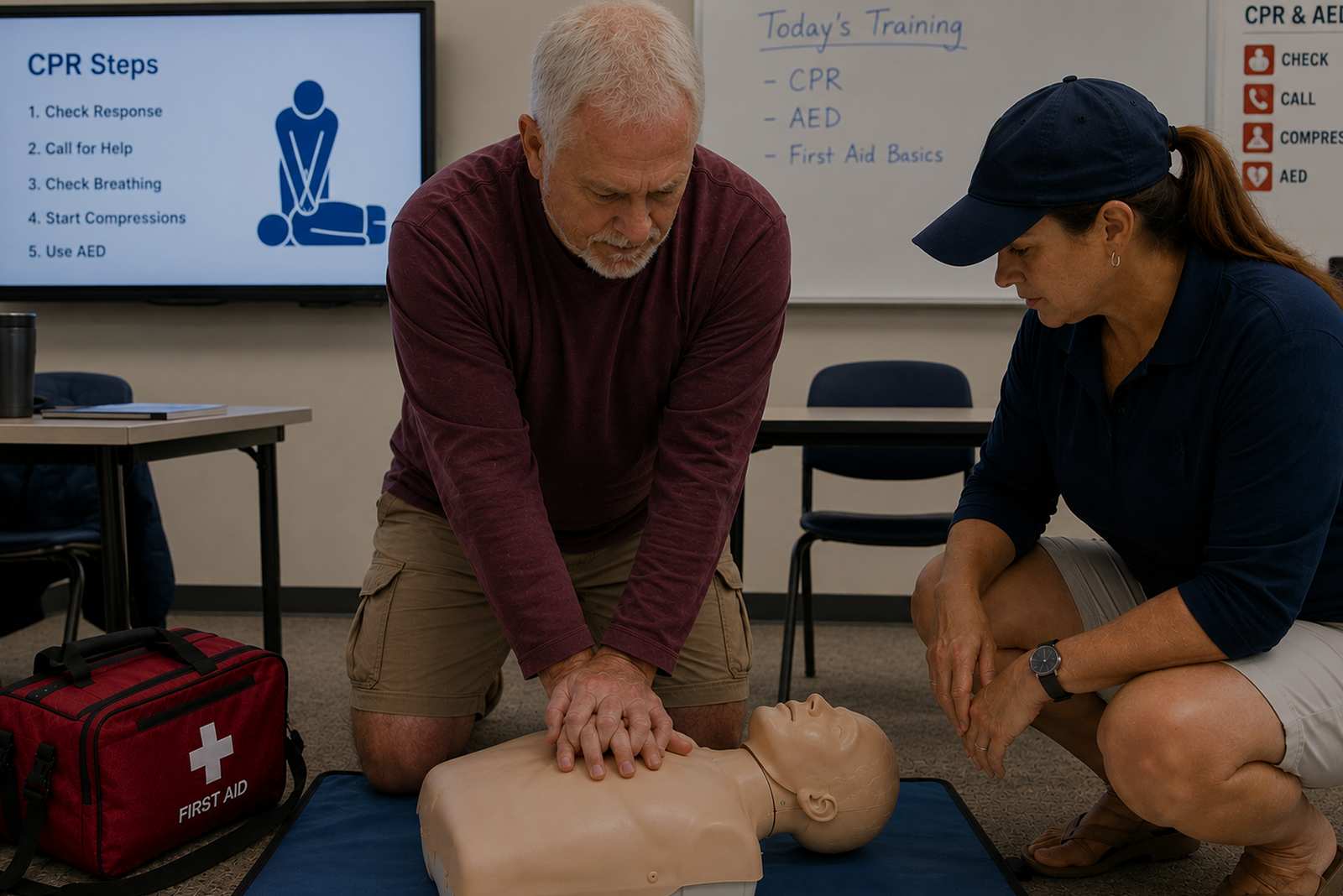 CPR training with chest compressions and first aid practice, illustrating Adult CPR and First Aid certification for a captain’s license.
