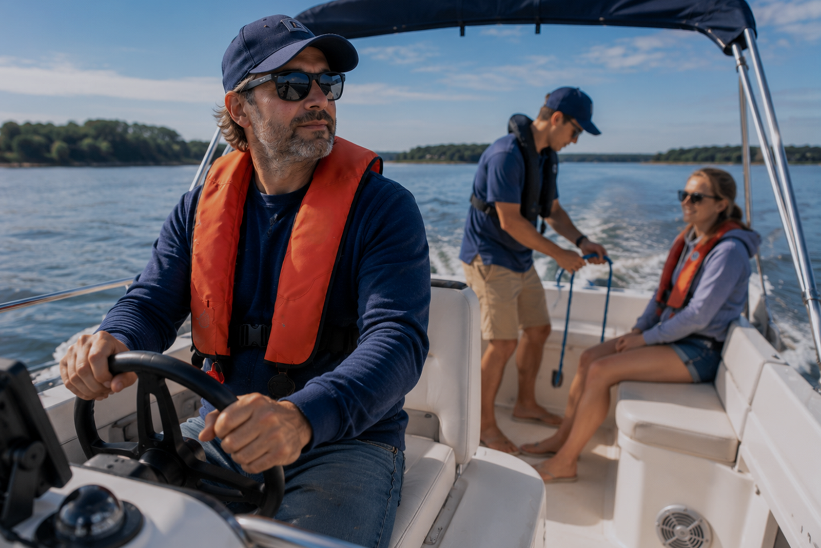 Three boaters on a small motorboat practicing tasks tied to crew, skipper, and master skipper roles.