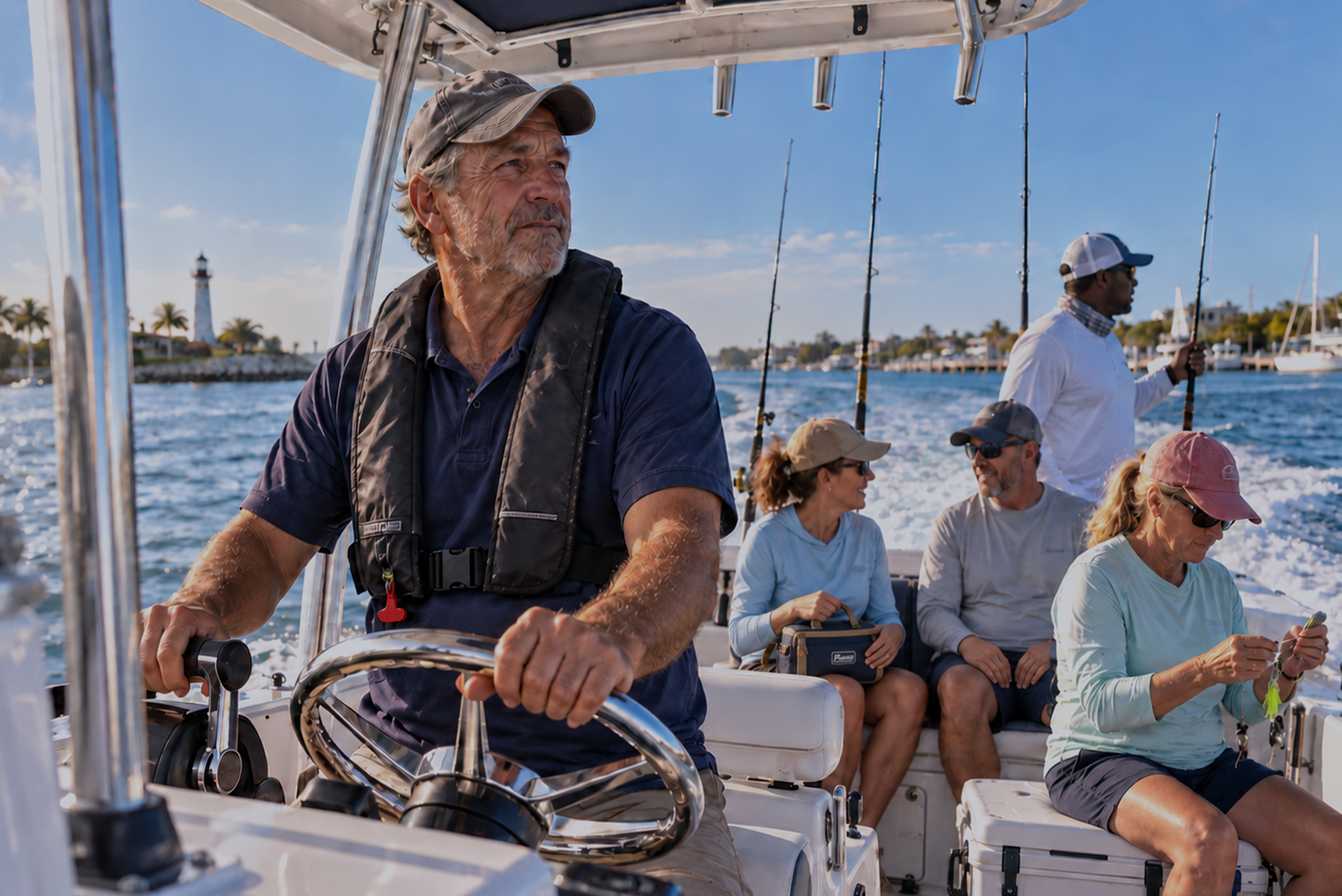 Group on a small boat near a lighthouse, with one person steering and others holding fishing rods under the “OUPV/Six‑Pack Captain’s License Requirements” title.