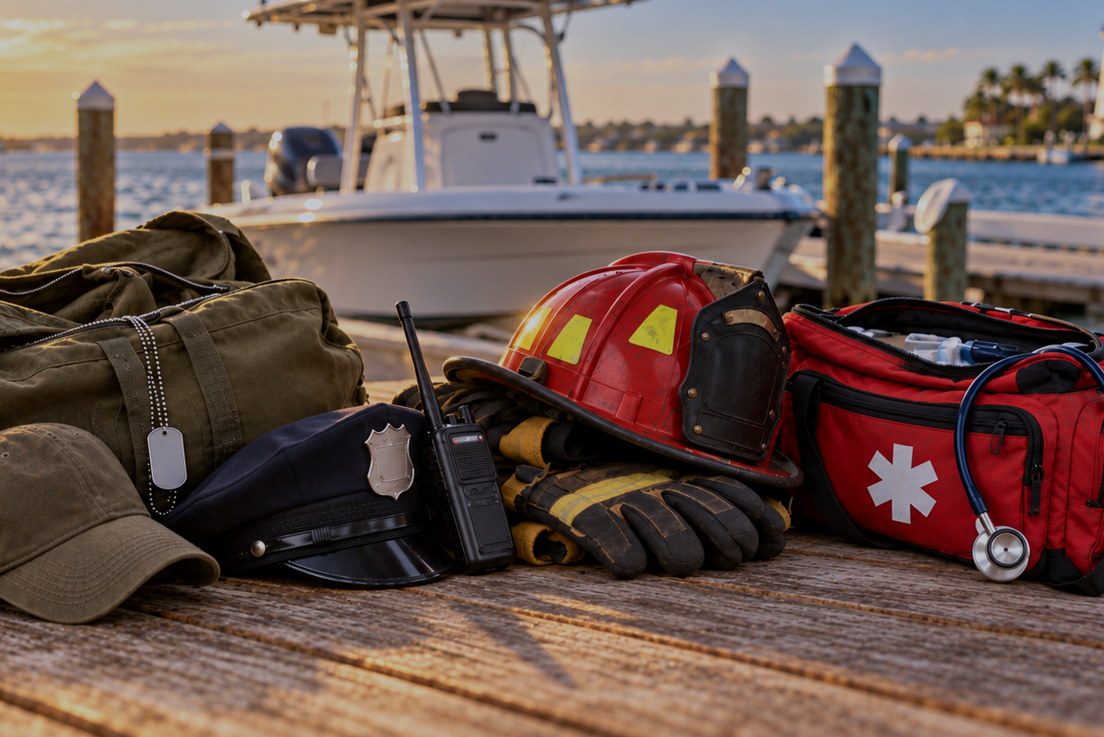 Military and first responder gear on a dock with a boat behind it and text about a captain’s license discount.