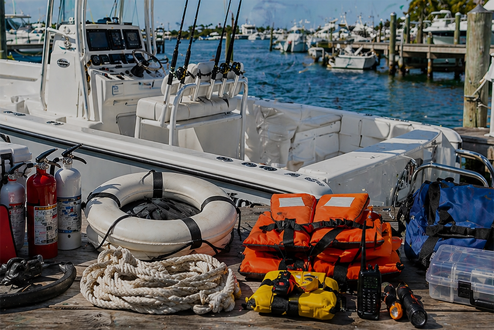 Various boating safety items on a dock next to a boat, representing real charter startup costs.