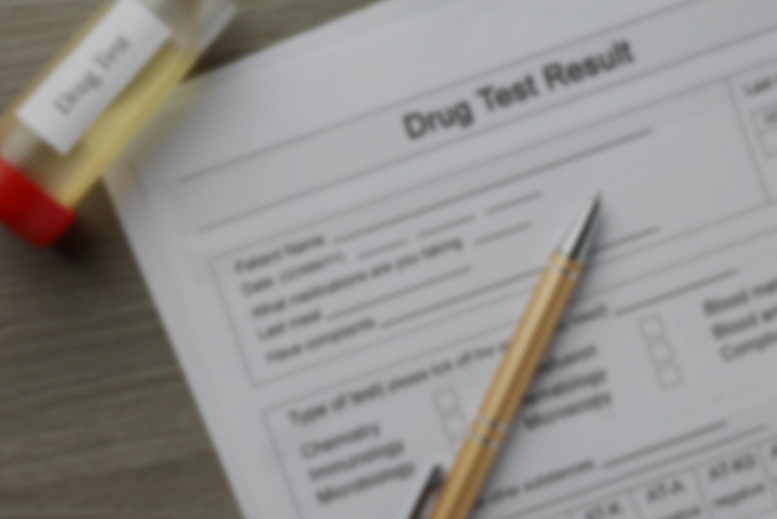 Blurred image of a drug test result form with a pen on top and a urine sample tube labeled 'Drug Test' placed beside it.