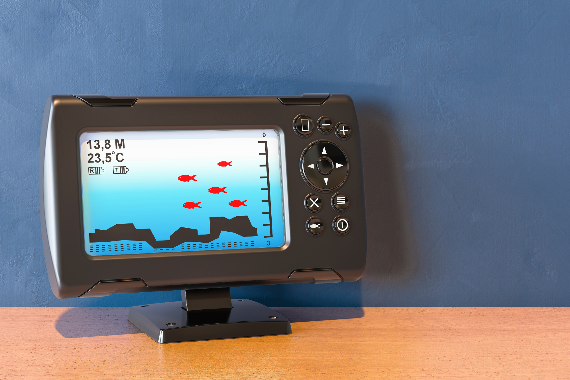 Fish finder radar device displaying fish and underwater terrain on a screen, placed on a wooden table against a blue wall.