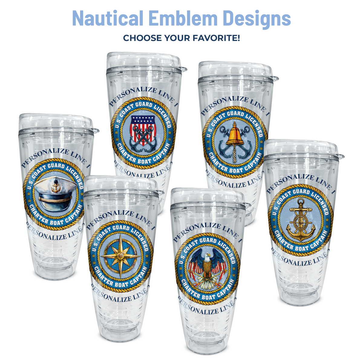 six nautical emblem designs for tumblers