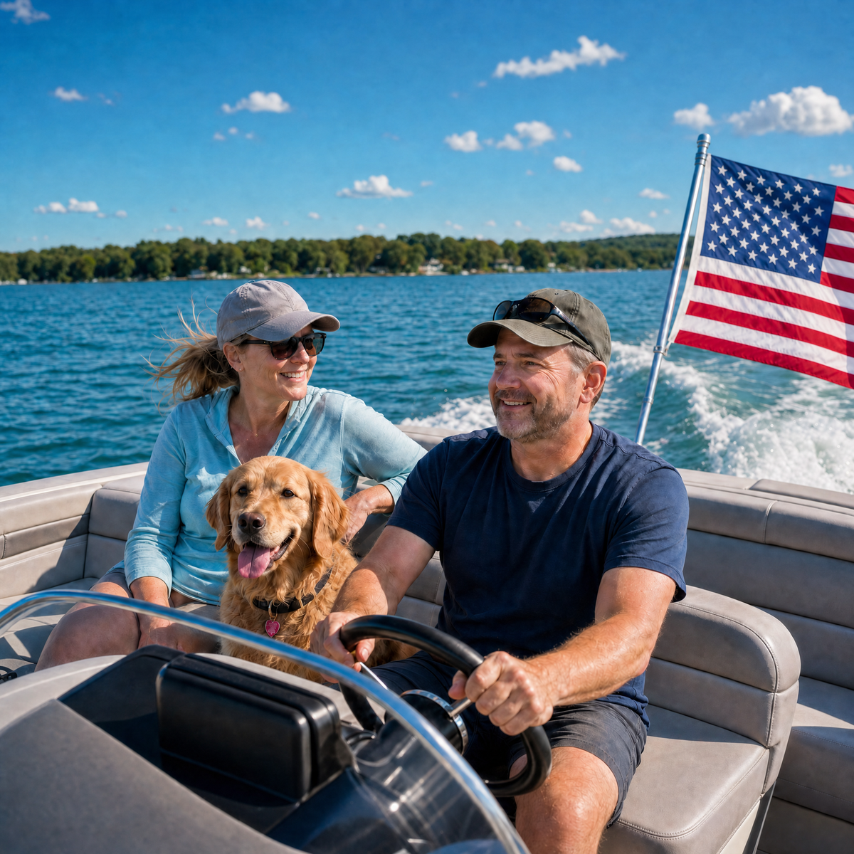 Couple with golden on boat